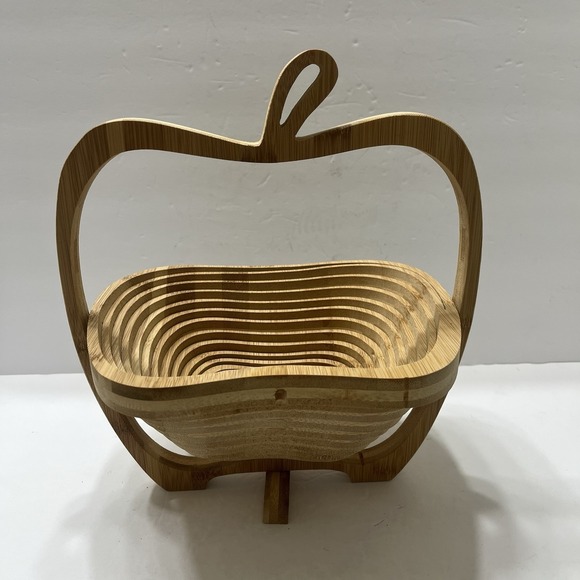 Wooden Ships Other - Vintage Spiral Cut Collapsible Wooden Basket On Tray Apple Shape Handle Stem